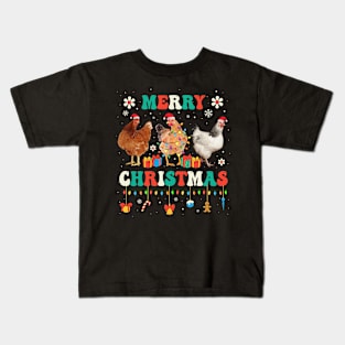 Merry Christmas Chicken Groovy Santa Hat Lights Xmas Farmers Kids T-Shirt